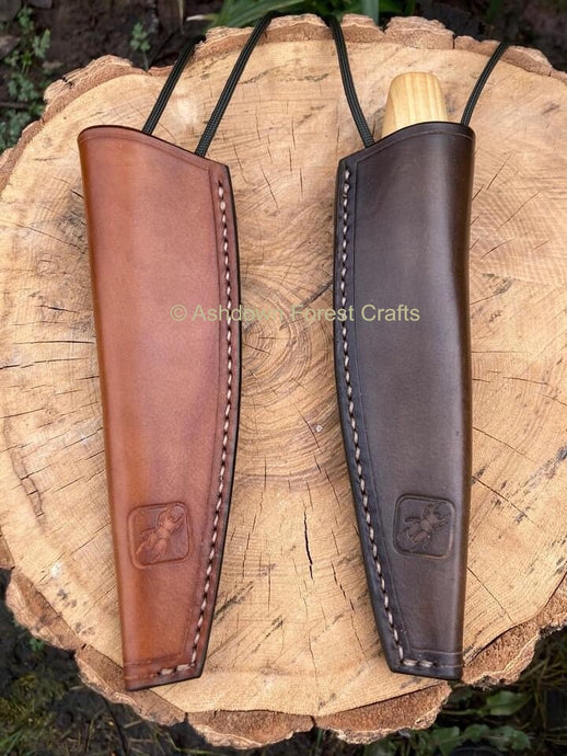 Image shows the front of the hand-made, hand-stitched leather sheath for the Mora 106