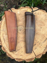 Image shows the front and rear of the hand-made, hand-stitched leather sheath for the Mora 106