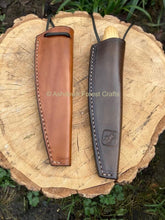 Image shows the front and rear of the hand-made, hand-stitched leather sheath for the Mora 106