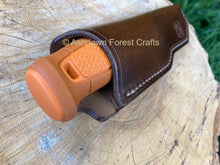 Image shows the front of the custom leather sheath for the Mora Kansbol or Garbeg with the knife in situ, end on