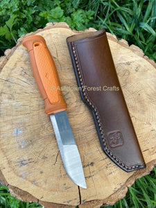 Image shows the front of the custom leather sheath for the Mora Kansbol or Garbeg with the knife at the side