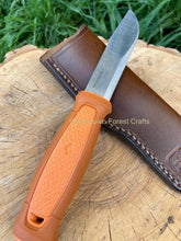 Image shows the front of the custom leather sheath for the Mora Kansbol or Garbeg with the knife on top