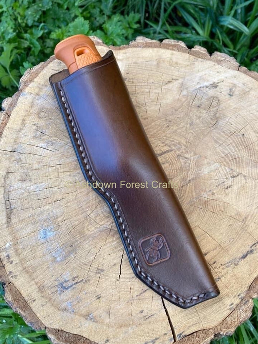 Image shows the front of the custom leather sheath for the Mora Kansbol or Garbeg with the knife in situ